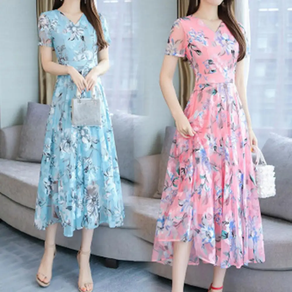 

Floral Print Midi Dress Summer Women Short Sleeve Dress Waist Tight Flower Print Large Hem Maxi Dress Travel Vocation Dresses