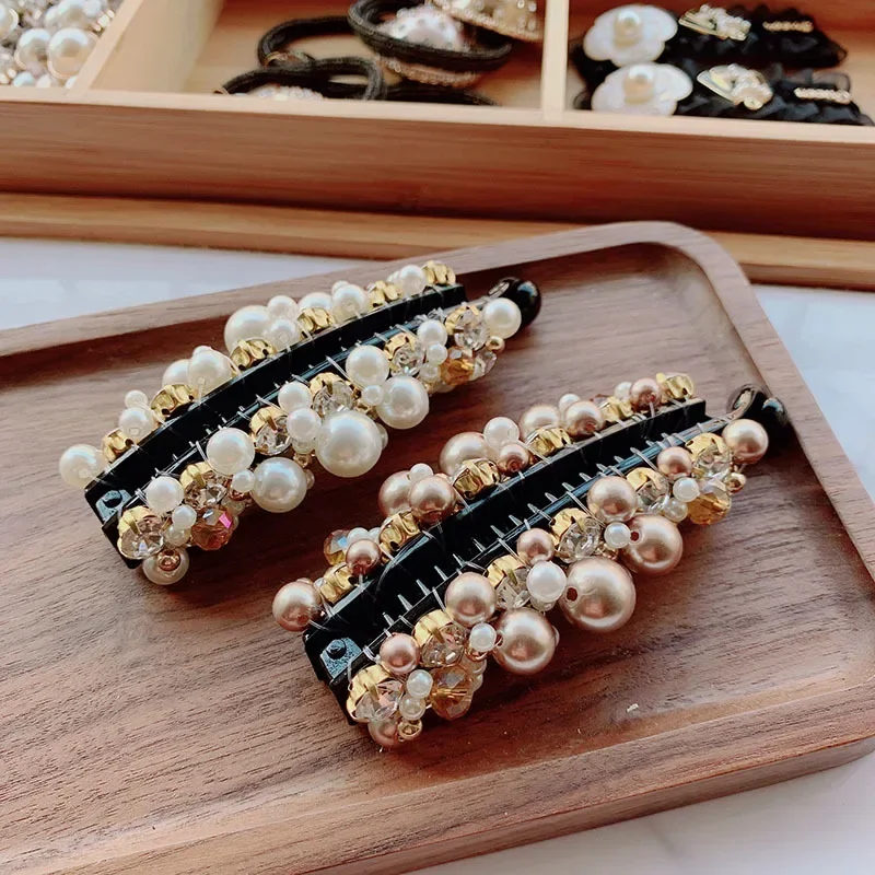 Korean Ponytail Hair Clips Handmade Wrapped Imitation Pearl Rhinestone Hairpins Banana Hair Claw Clip for Women Hair Accessories