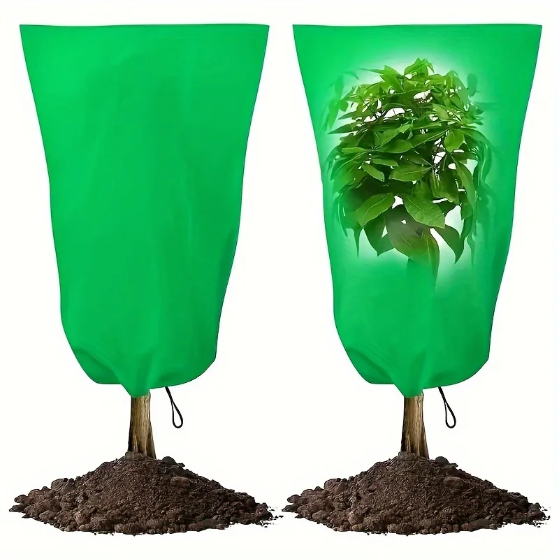 2-Piece Thick Non-Woven Fabric Plant Frost Protection Cover Reusable Drawstring Bag Cold Protection for Garden Plants