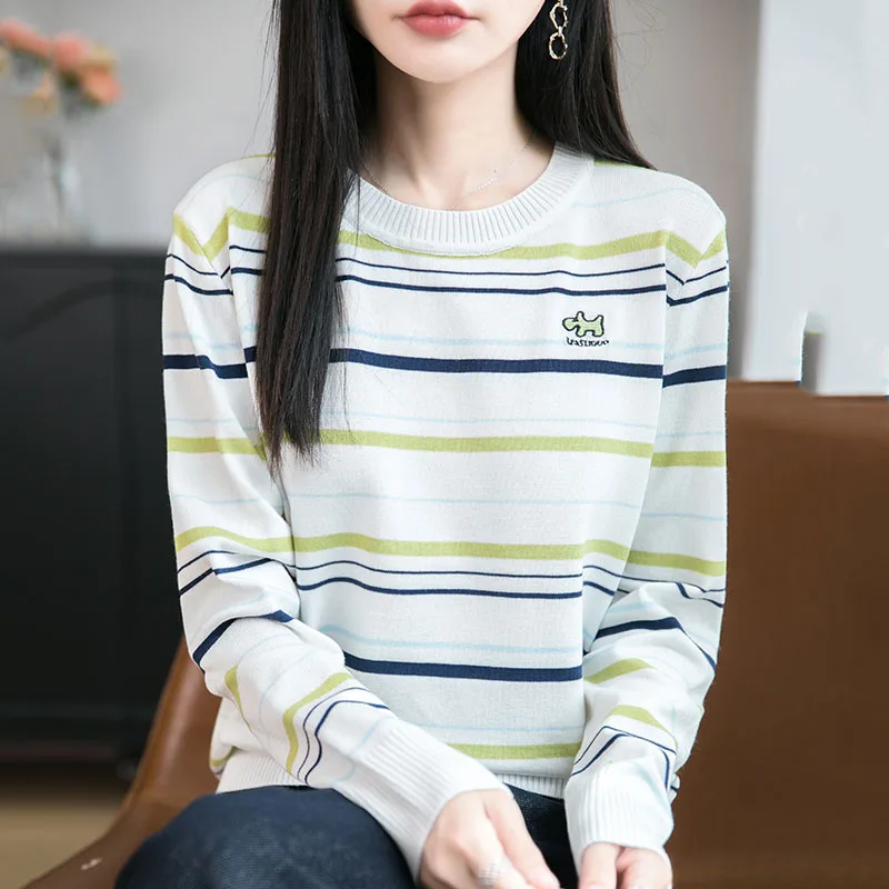 

Fall/Winter 2025 New Striped Embroidered Long Sleeve Women's Bottom Shirt Plus Size Women's Fashion Knitted Shirt