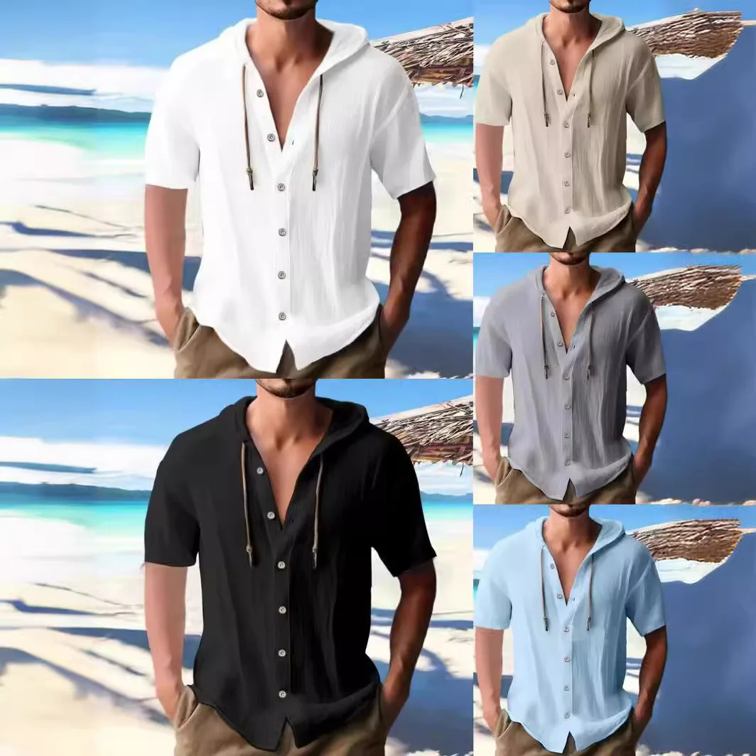 Men's Sports Casual Short Sleeve Shirt, Hooded Fashion Sweater Trendy Versatile Loose Beach T-Shirt