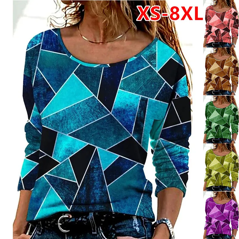 XS-8XL Women's Round Neck New T-Shirt Geometric Print Top Autumn Winter Top Long Sleeve Casual Loose Ladies Fashion T-Shirt