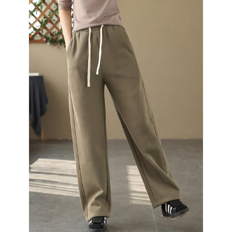 

High Waist Slim Fleece Lined Thick Straight Pants Women Winter New Solid Color Versatile Casual Loose Warm Long Pants