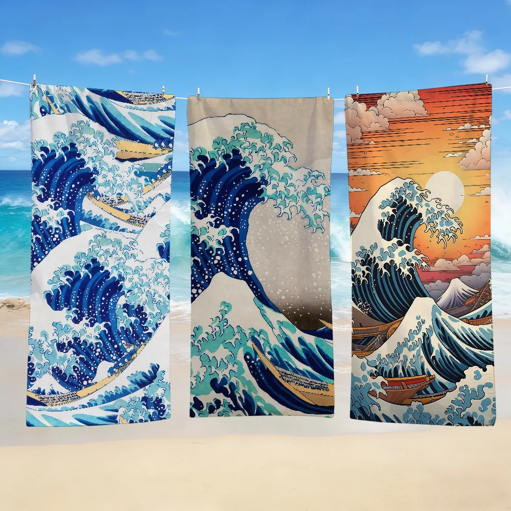 

Towel Textile Bathrobe Beach Quick-Drying Lightweight Portable Great Camping Swim Pool Hokusai Wave Travel