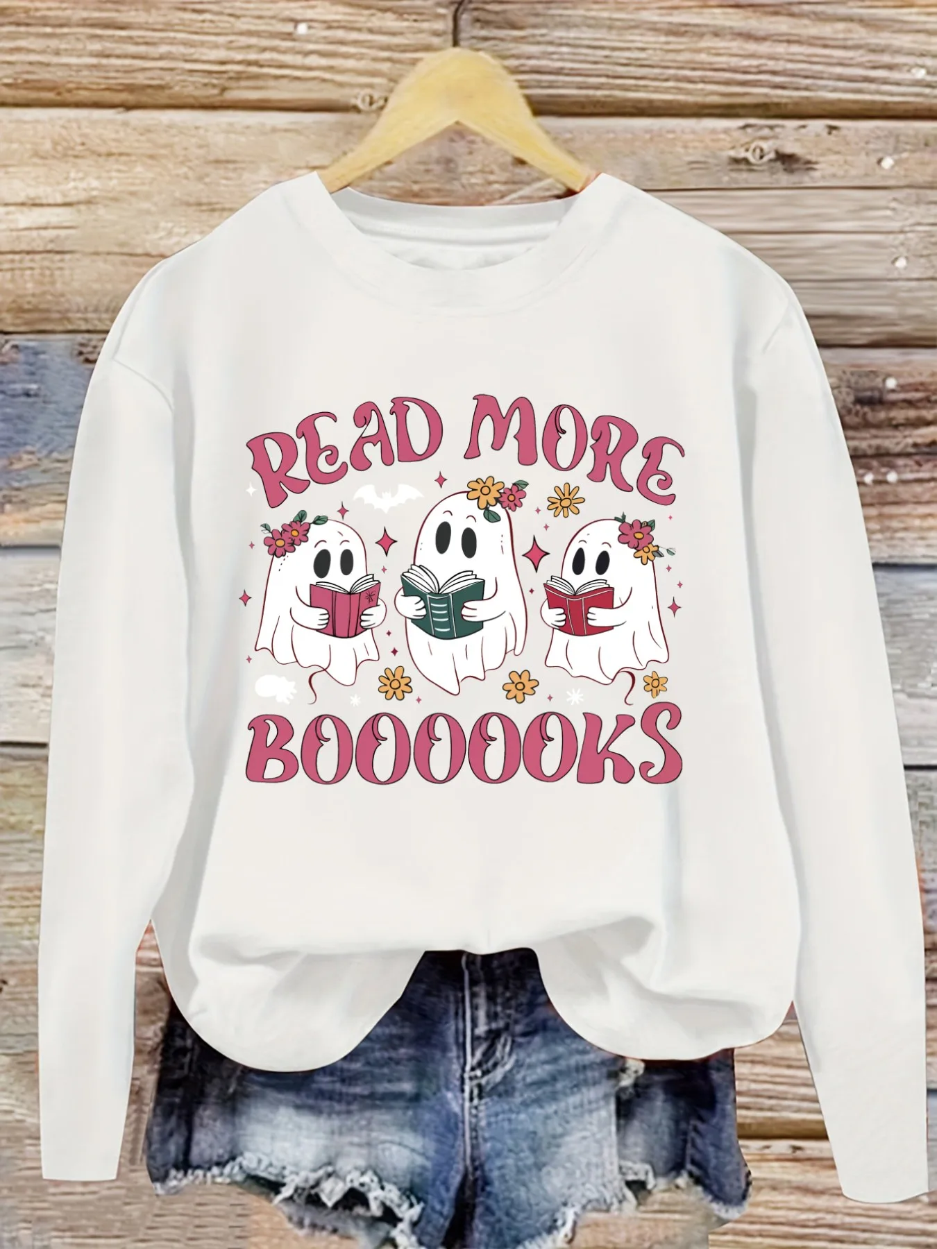 Women's Casual Long Sleeve Crew Neck T-Shirt Read More Boooooks Ghosts Reading Books Design, Round Neck Women's Clothing, Machine Washable, Slightly Elastic, Loose Fit, Spring Autumn Winter Women's T-Shirt, Halloween Costume Outfit view 5