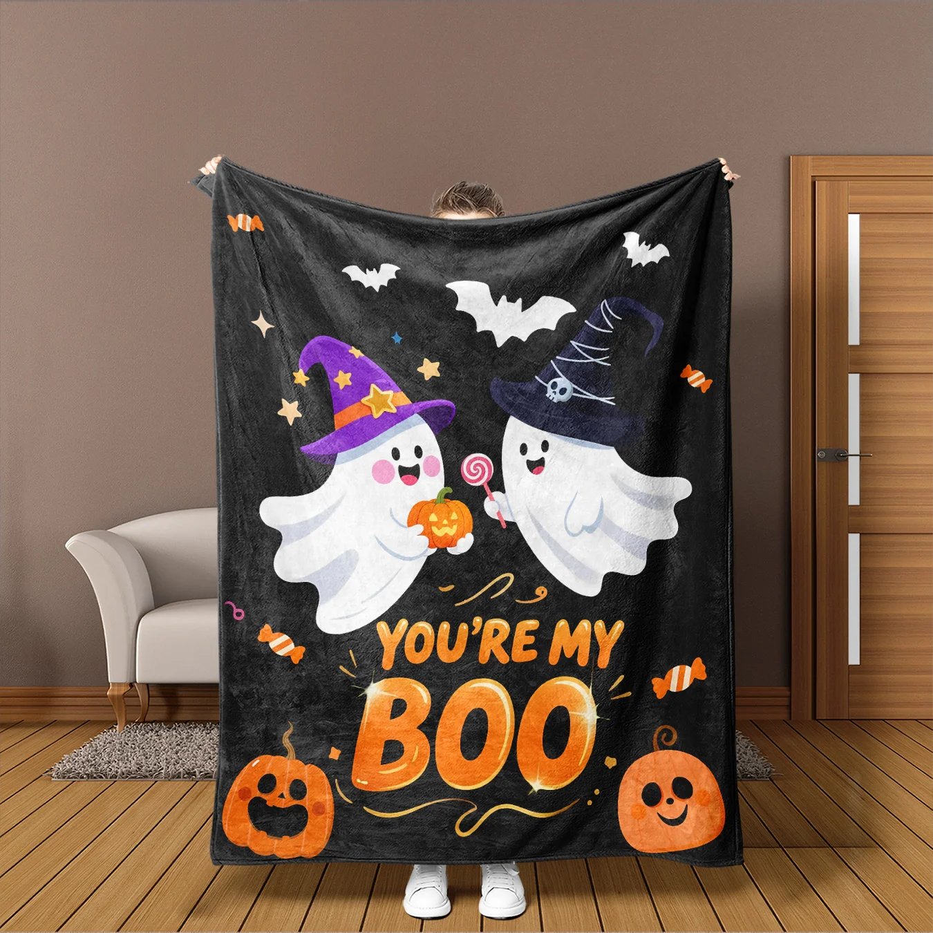 Flannel Halloween-Themed Blanket Featuring Cute Ghosts, Pumpkins, And a Black Background with Candy And Bats Design. Warm, Soft, And Comfortable, It'S a Must-Have for Decorating Bedrooms, Living Rooms, And Cars