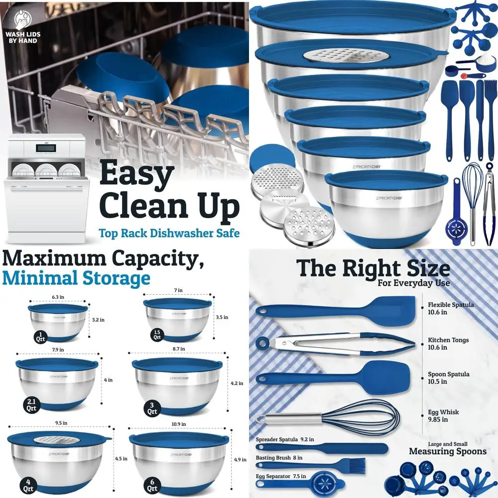 

Premium 30-Piece Stainless Steel Mixing Bowl Set with Lids, 6 Metal Bowls, Graters, Silicone Tools, Blue