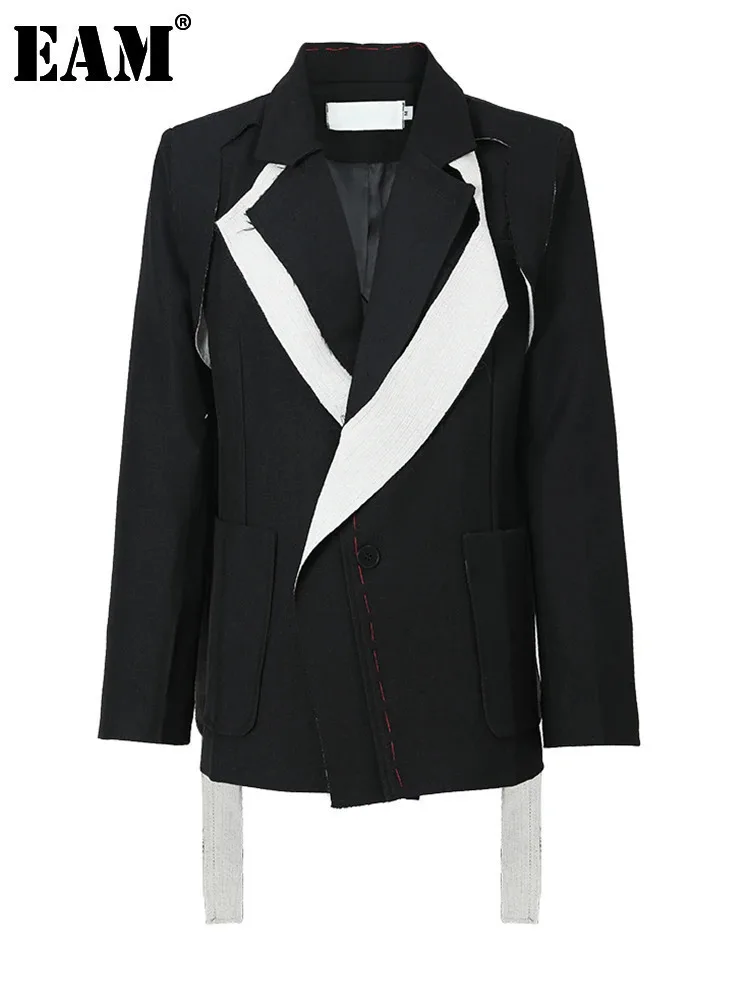 

[EAM] Women Black Topstitched Color-block Big Size Blazer New Lapel Long Sleeve Jacket Fashion Tide Spring Autumn 2024 1W51901