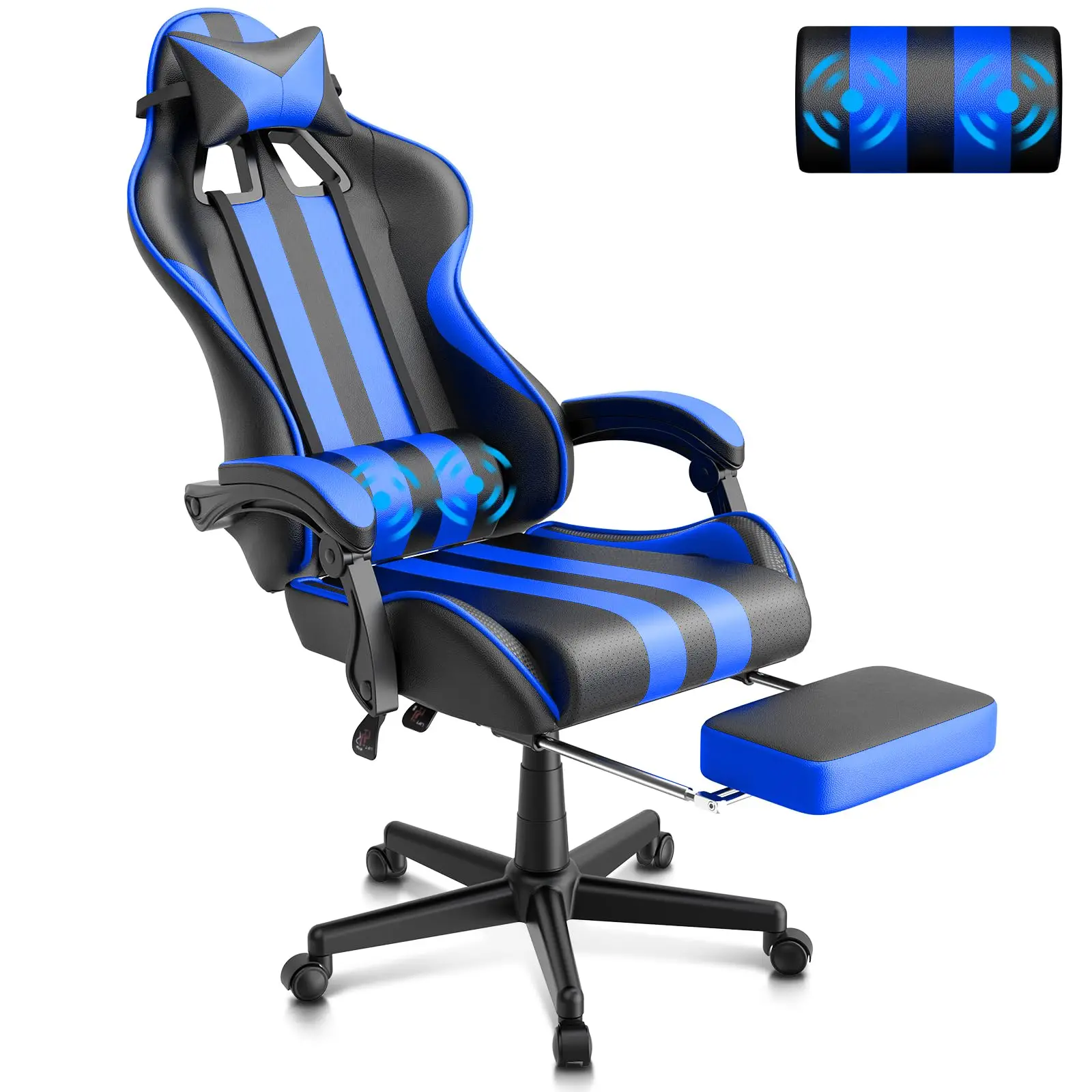 Blue Gaming Chairs with Footrest, PC Gaming Chairs for Adults Teens, Racing Style, Luxurious Comfort, Waterproof PU