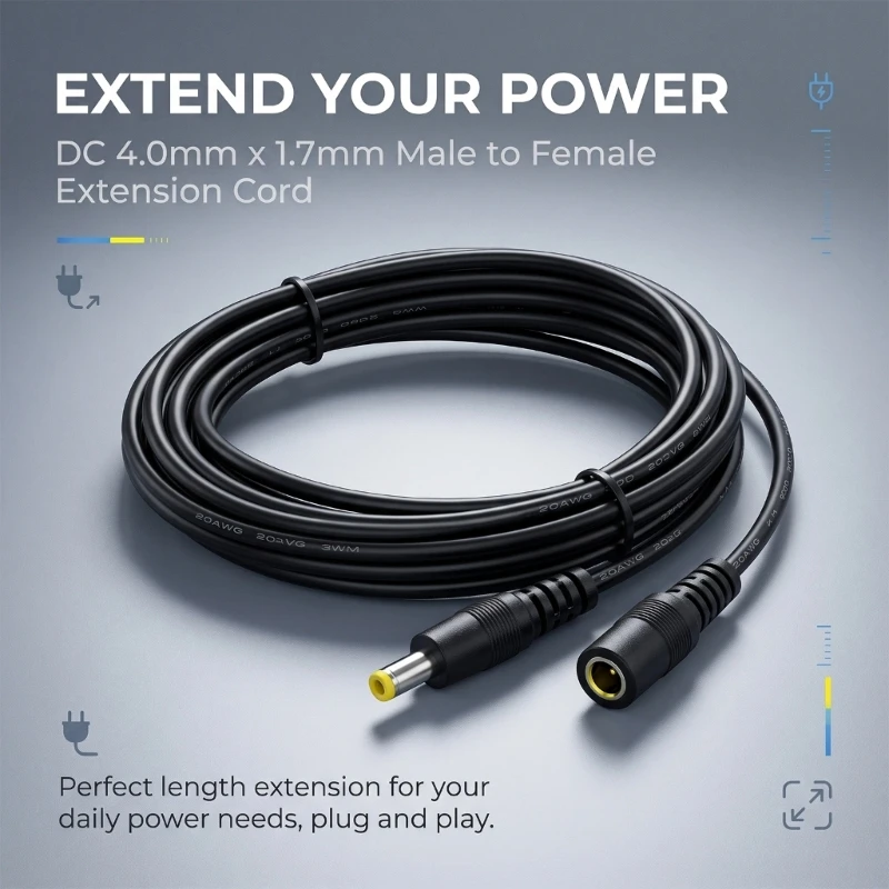 x 1.7mm LED Light Power Extension Cable, for Camera and Speaker Indoor Cable Use, Black Finish Male to Female Cord