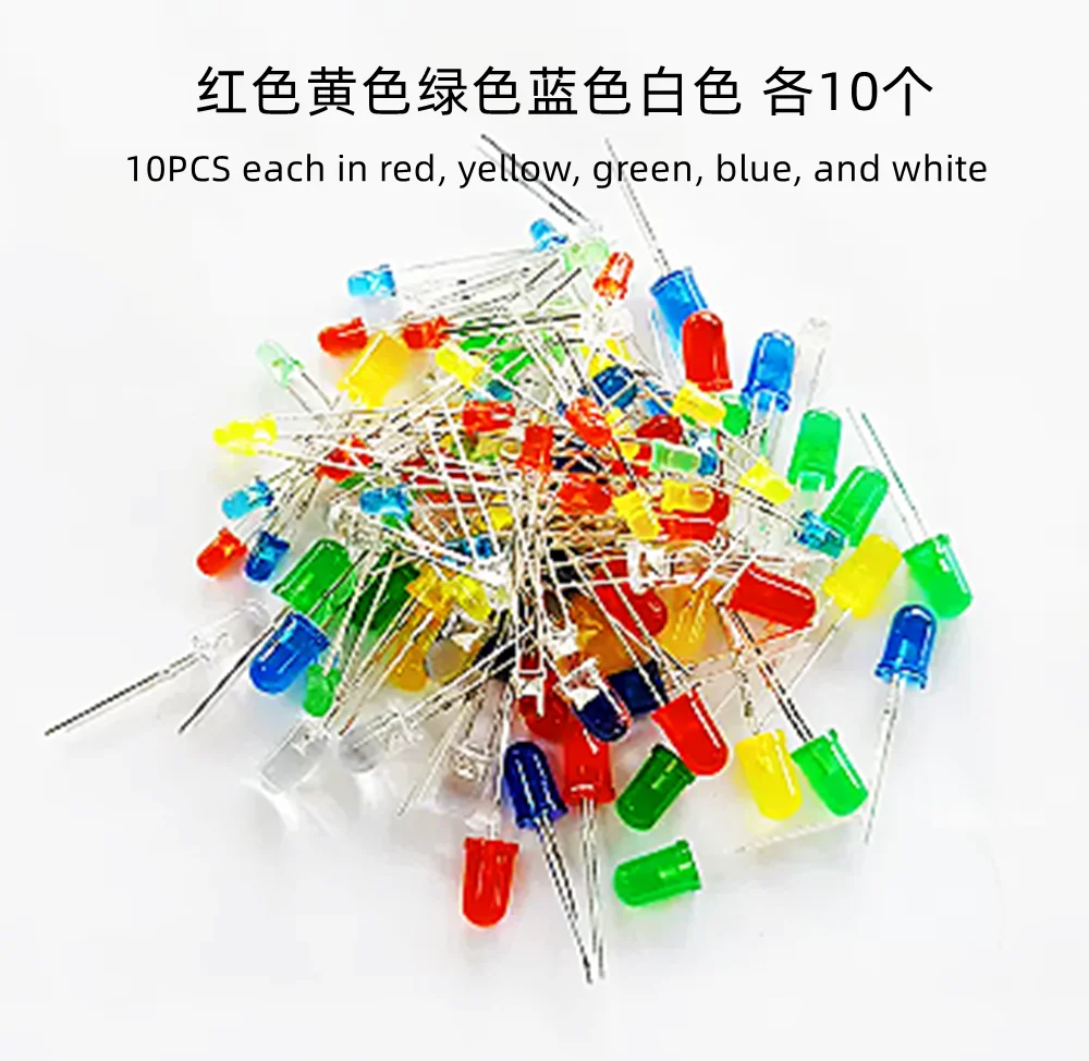 

5mm 3mm LED light emitting diode package with 10 red, yellow, green, blue, and white each