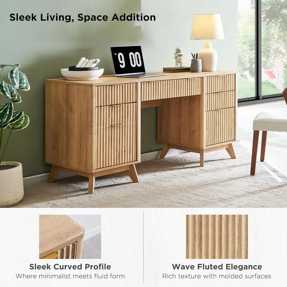 مكتب تنفيذي حديث مخدد مقاس 60 بوصة مع أدراج، ومحطة شحن، وخزانة ملفات، وصينية لوحة المفاتيح وخزانة تخزين للمنزل