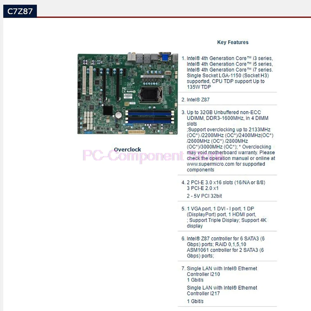 C7Z87 For Supermicro Workstation Motherboard 4th Generation i3 i5 i7 Series LGA1150 DDR3 PCI-E 3.0 SATA3