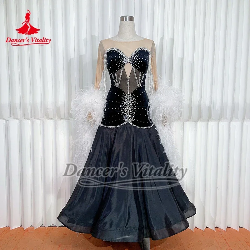 Social Dance Luxurious AB Stone Pearl String Chain Mesh Splicing Contest Dresses Foxtrot Tango Quickstep Perform Attire Custom