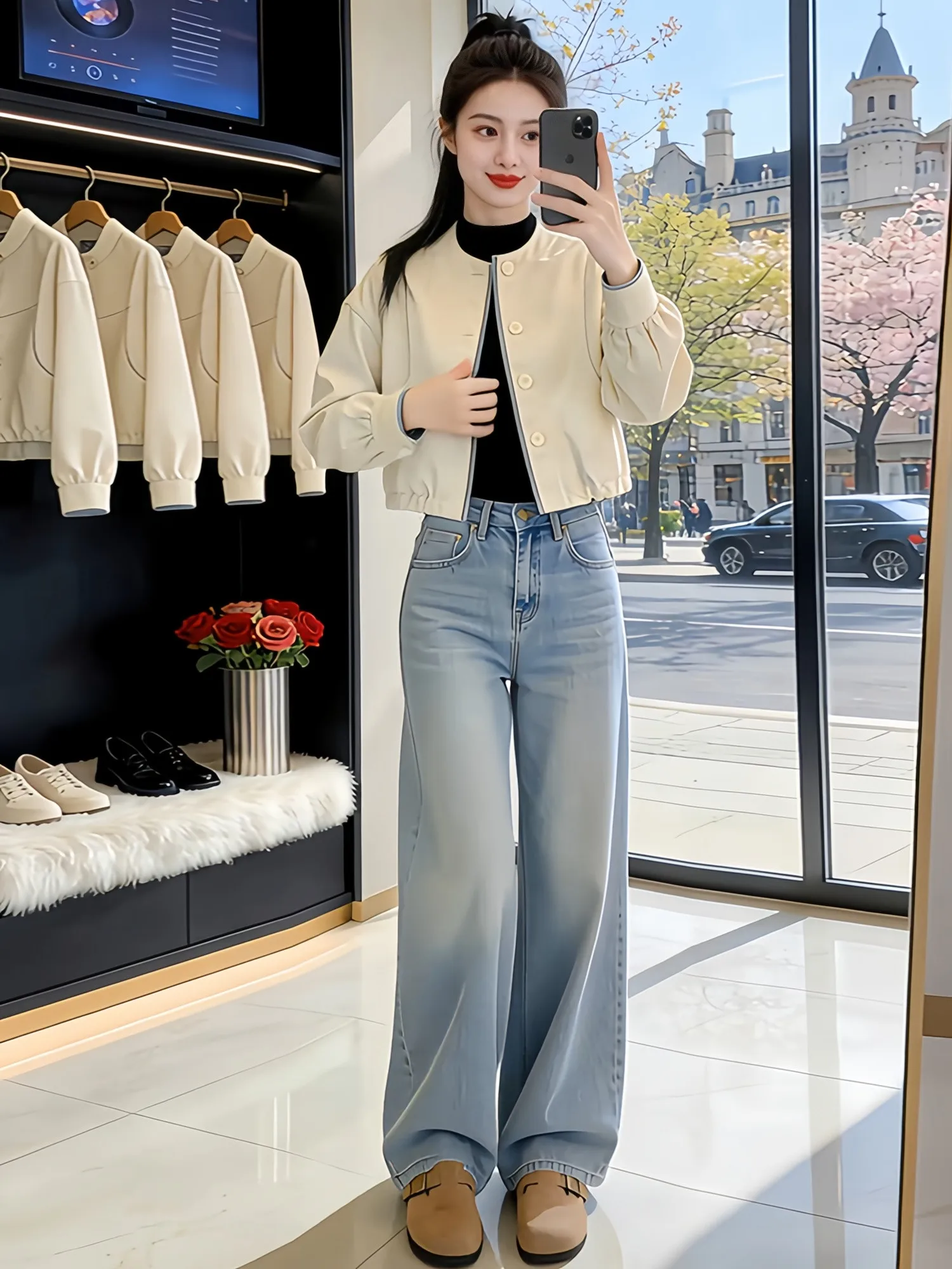 Color Block Baseball Jacket Women's Loose Fit Spring 2026 Single Row Multiple Buttons Slimming Top Casual Style Outerwear