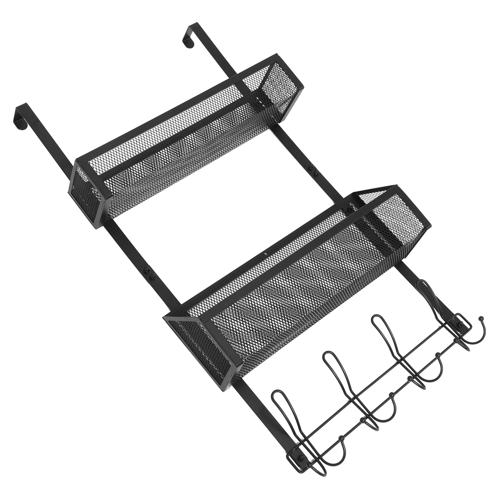 

Hanging Basket behind Door Organizer Black Carbon Steel Hooks Coat Rack No Drill Kitchen Bedroom Bathroom Storage