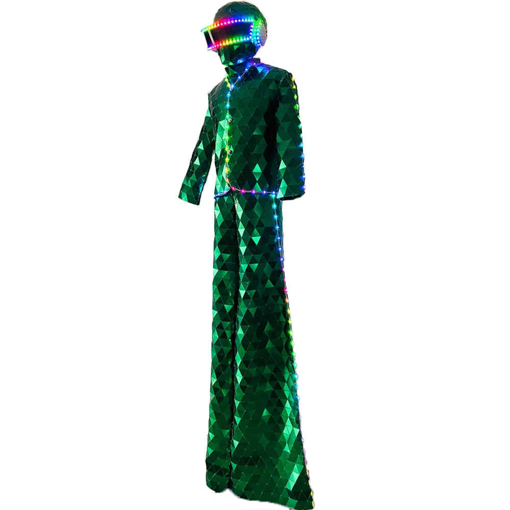 

Green Mirror Stilts LED Helmet Suit Stage Performance Party Bar Dance Halloween Easter Costume Support Customized Wholesale