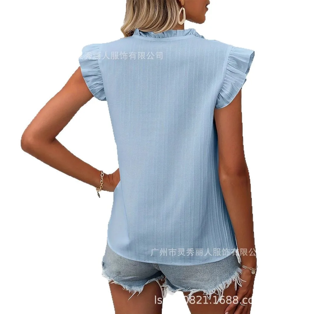 Elegantes, süßes, kurzärmeliges, besticktes Hemd für Damen, Sommer, 2022, modisch, locker, rüschen, weiß, mit Schnürung, Tops, Bluse