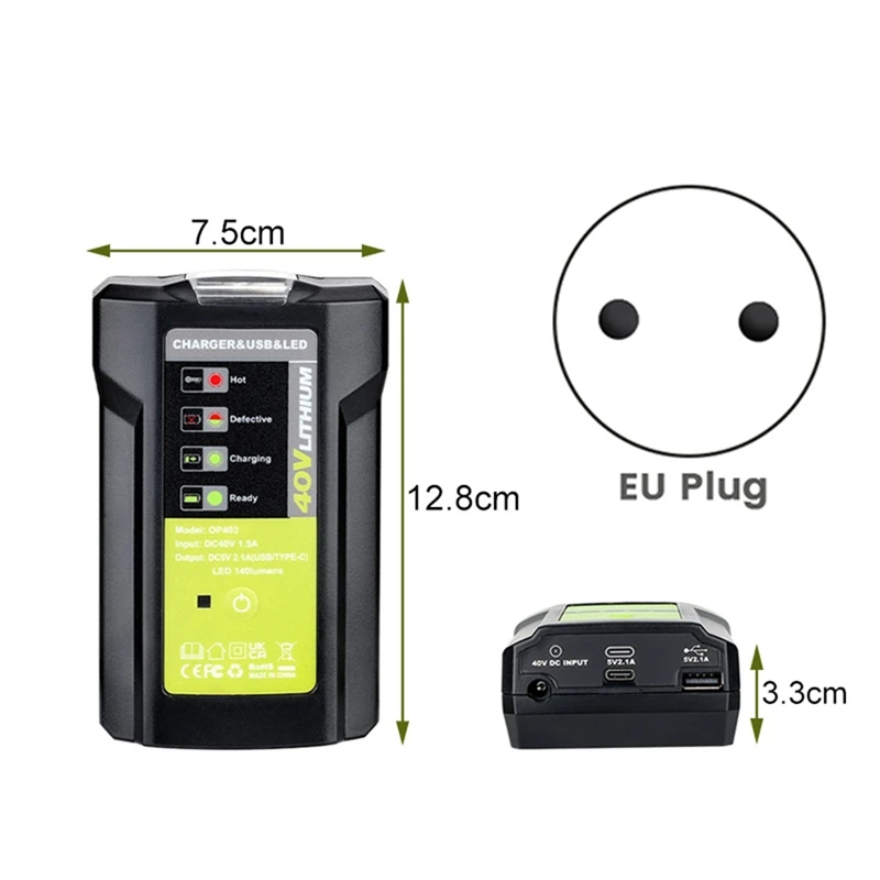 3Wadapter Light With USB For Ryobi 36-40V Battery LUB40V Charger Overcharge Protection With DC Emergency Lights