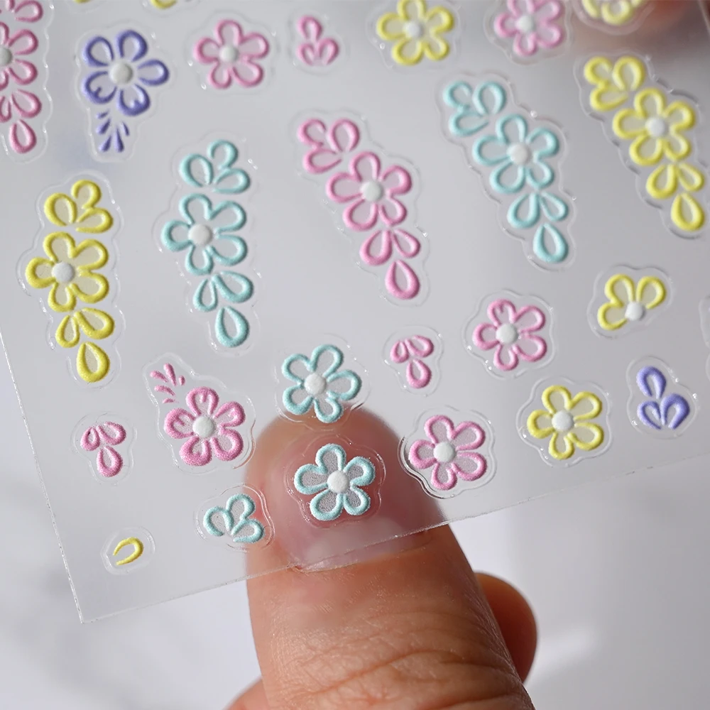5D Pink Blue Floral Nail Art Stickers Petals Leaf Plant Embossed Nail Decals Spring Summer Flower Design for DIY Nail Supplies