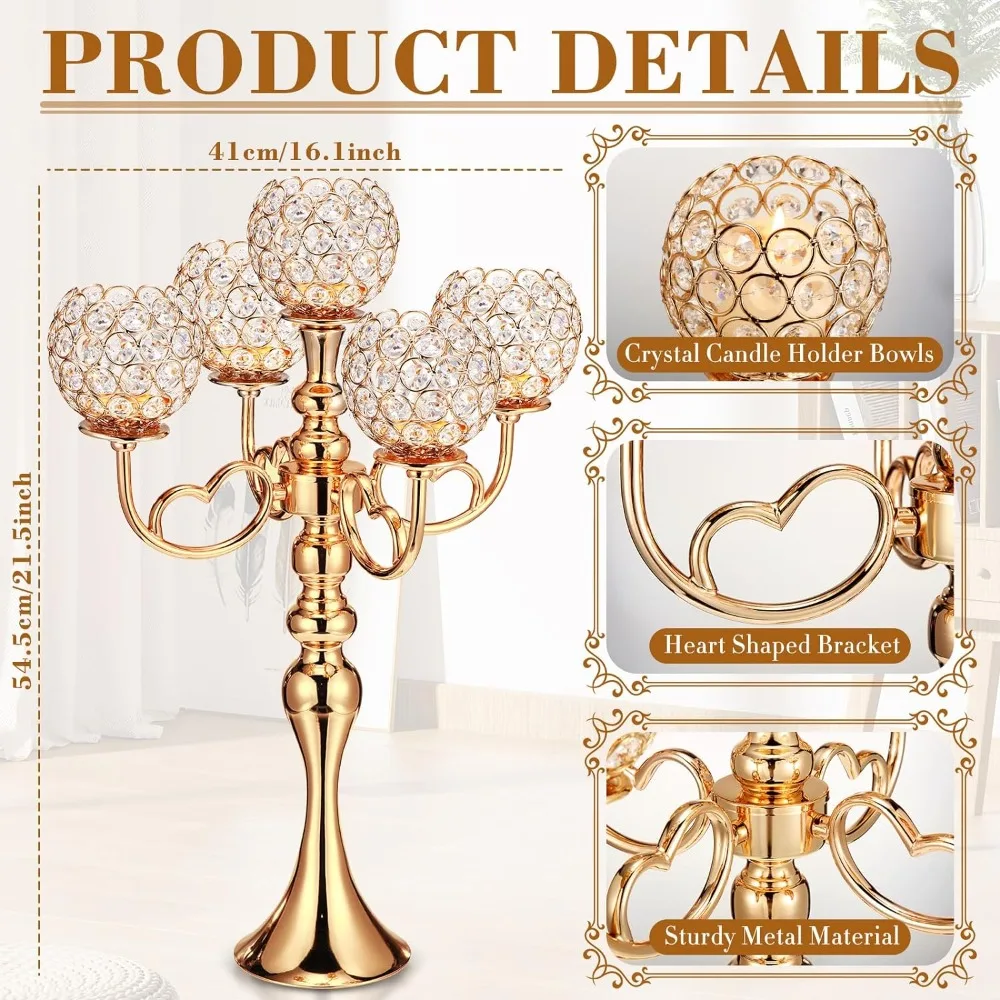 8 Pcs 5 Arm Gold Crystal Candle Holders 21.5 Inch Tall Gold Candelabra Centerpiece with Crystal Candle Holder Bowl