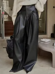 LANMREM Fashion PU Leather Wide Leg Pants Women High Waist Loose Black Long Trousers Streetwear 2024 Autumn New Clothing 2AA2548