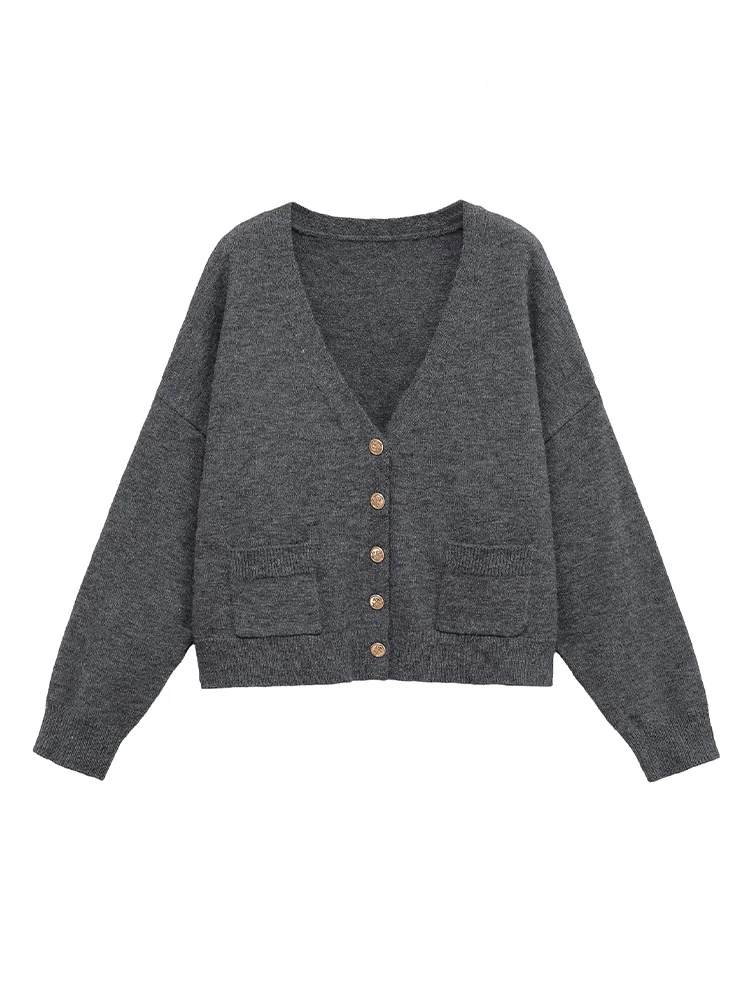 

HH Women 2025 Autumn Wool Gold Button V-neck Knit Cardigan Sweater Female Elegant Single Breasted High Street Casual Jacket