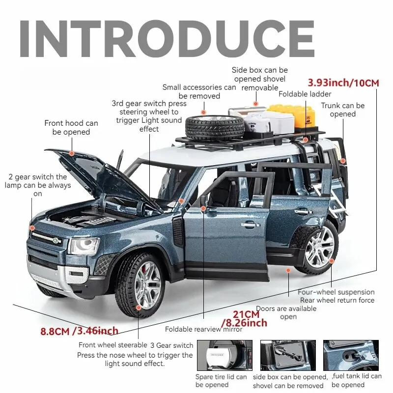 Land Rover Defender 1:24 Scale Diecast Model Car: Detailed Replica with Opening Doors, Hood & Trunk,Ideal Gift for Car Lovers