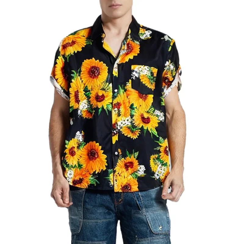 

Men New Shirts Single Breasted T Shirts Short Sleeve Turn Down Collar Print Blouses Cardigan Spliced Print Pockets Button Loose
