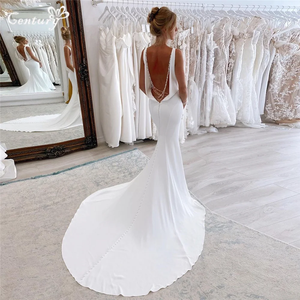 

Backless Wedding Dress Mermaid Cut Deep V-Neck Beaded Crepe Casual Bride Dresses Civil Bridal Gowns Robe de Mariee