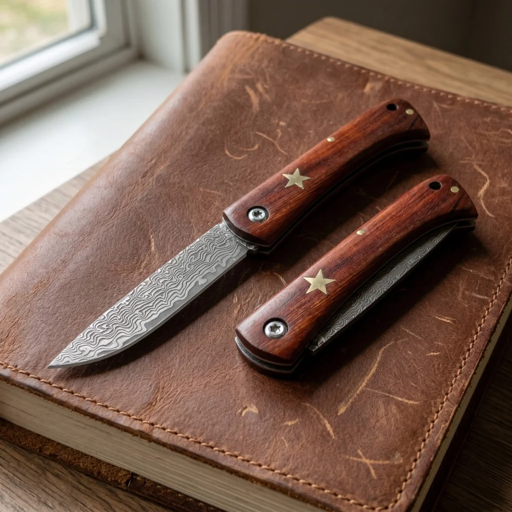 

Portable Folding Knife Damascus Steel Blade Red Sandalwood Handle Outdoor Hiking Mountaineering Camping Durable Fruit Knife