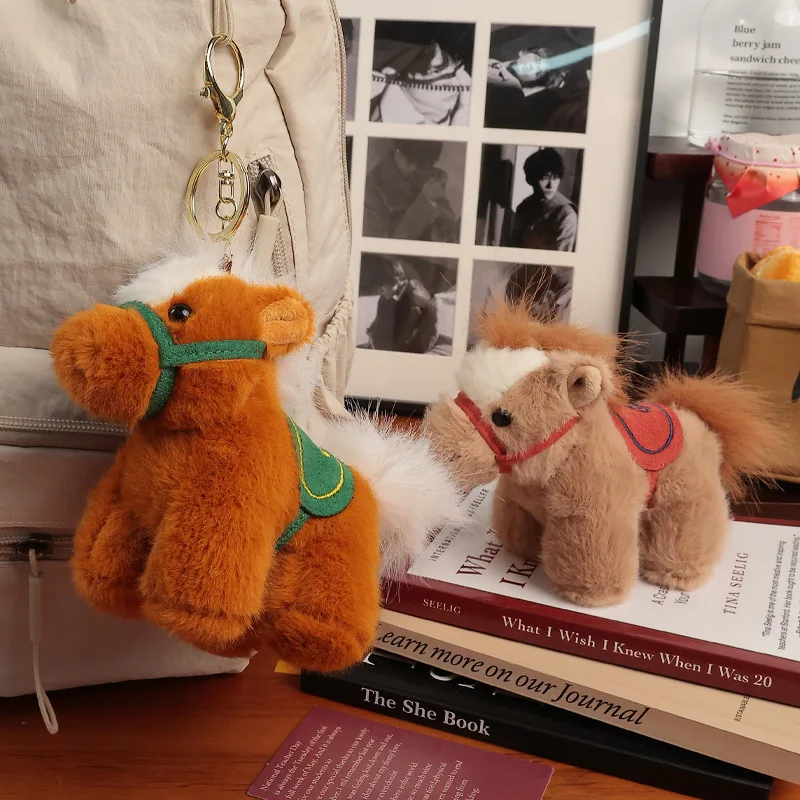 Saddle Pony Keychain Soft Stuffed Plush Brown Red Horse Cute Animal Lying Down Horse