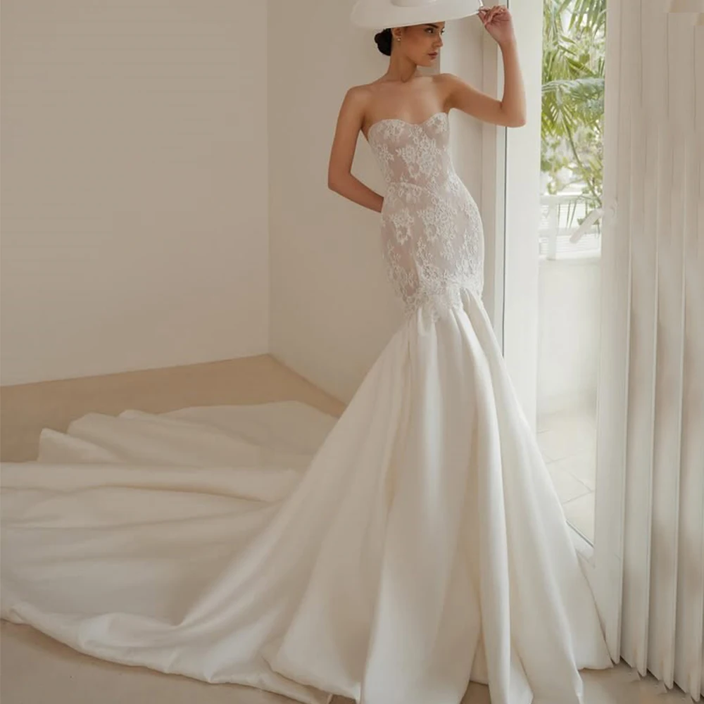 

Gorgeous Lace and Satin Mermaid Wedding Dress Strapless Sleeveless Sexy Open Back Lace Up Bride Customized Royal Train Gowns