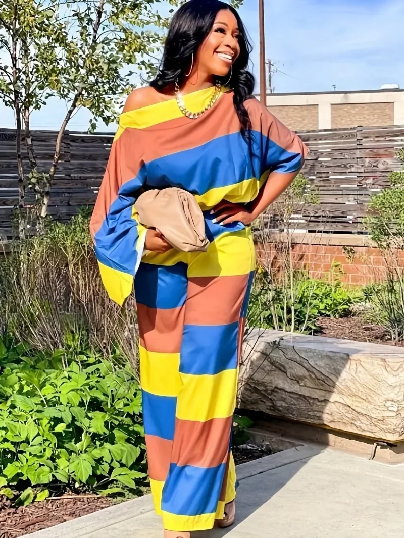 

KEXU Plus Size Stripe Print Women's Set Off Shoulder Long Sleeve Top Wide Leg Long Pants Autumn Two 2 Piece Sets Outfits