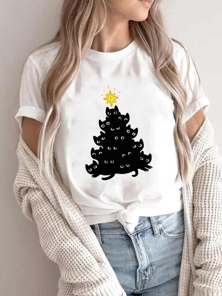 Moda Nowy Rok T-Shirts Print Top Graphic Tee Tree Star Lovely 90S Trend Wesołych Świąt Women Holiday Casual Shirt Clothing