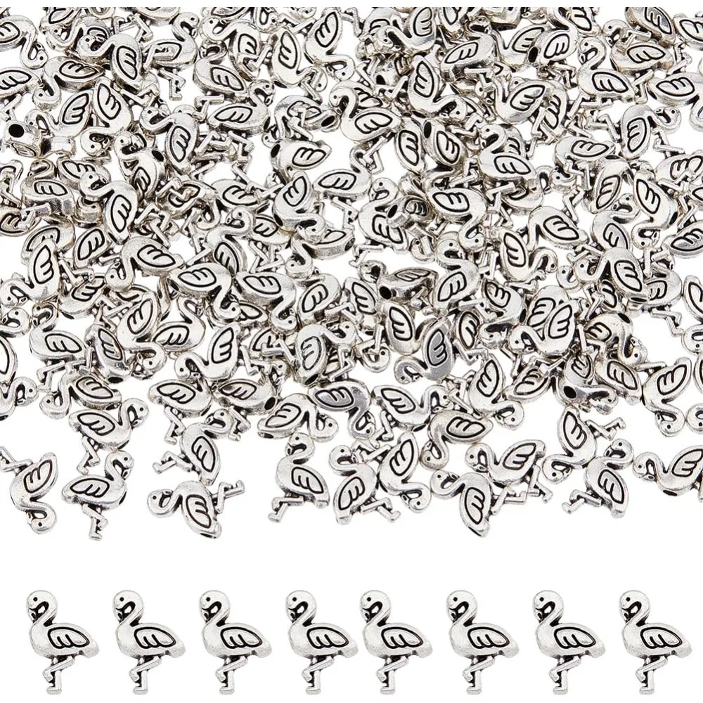 200Pcs Tiny Bead Charms  Flamingo Charms Antique Silver Alloy Beads Animal Spacers Beads Small Loose Beads for DIY Jewelry