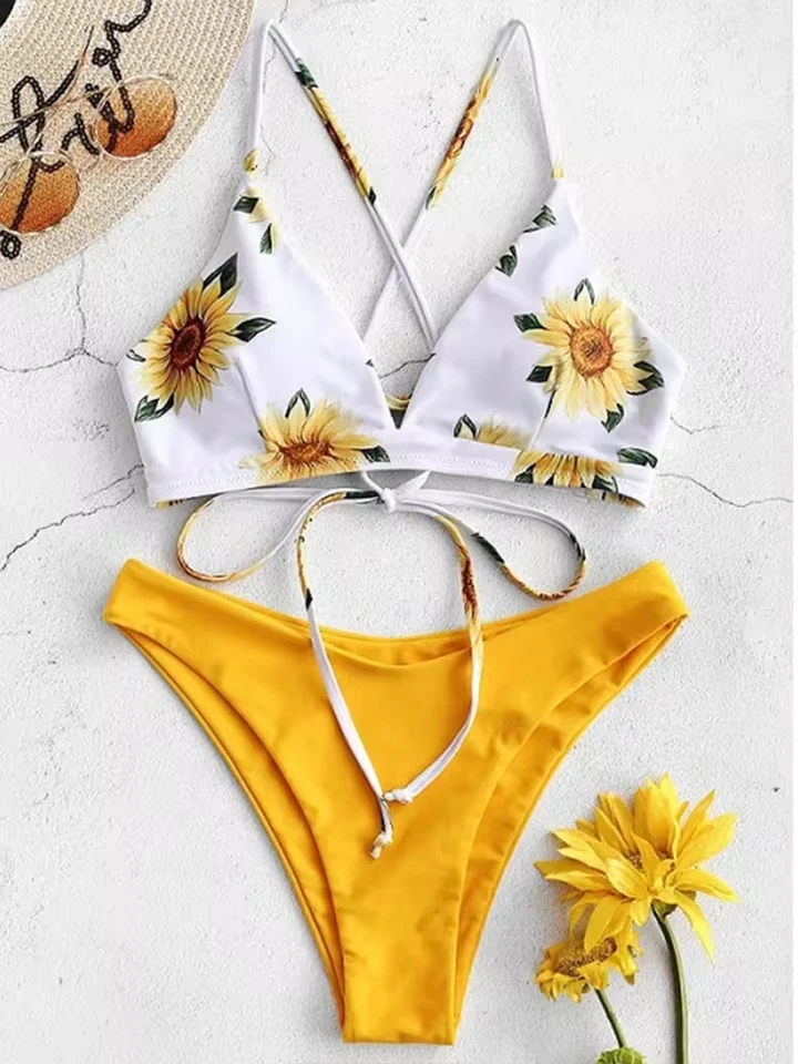

Vzvn 2025 New Summer Swimwear Bikinis Sexy Print Backless Bikini 2 Piece Set Women Laced Up Split Swimsuit Beach Bikini Set