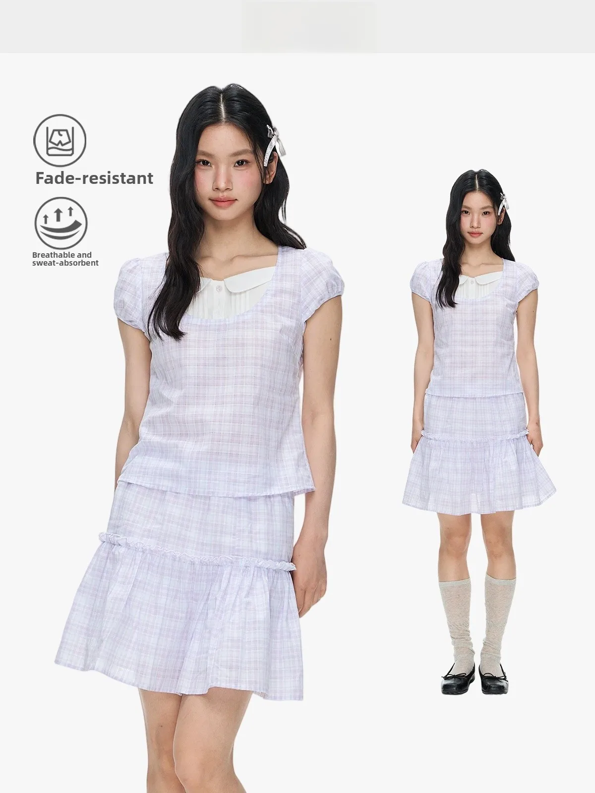 

YUPH Korean Style Slim Fit Shirt Padded Short Sleeve Plaid Splice Doll Collar Fake Two-Piece Cotton Breathable Moisture Wicking