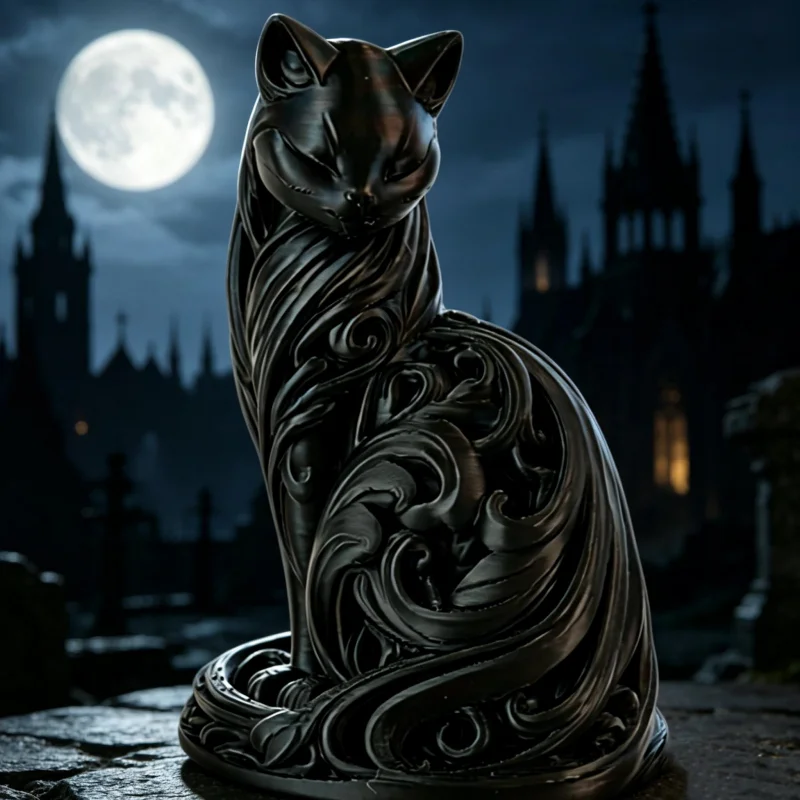 1-Piece Black Cat-Shaped Ornament, Light Luxury Spiral Cat Statue Decoration, Realistic Design, Hollow Carving, Elegant Sitting Posture, Home Office Desktop Ornament, Christmas and Halloween Gift