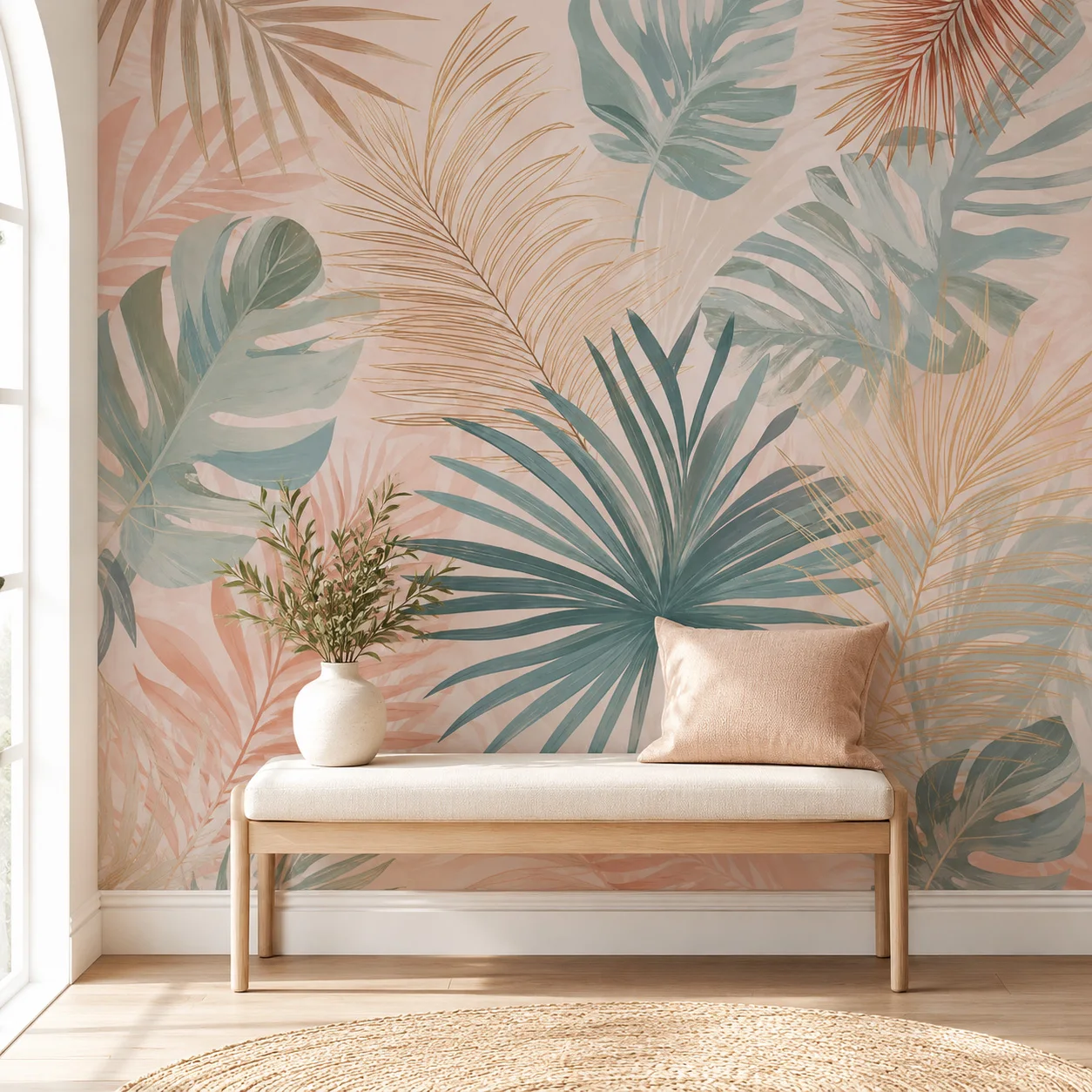 Boho Tropical Palm Monstera Leaf Wall Mural Wallpaper, Non‑Self‑Adhesive Need Glue, Home Wall Decor for Bedroom Living Room
