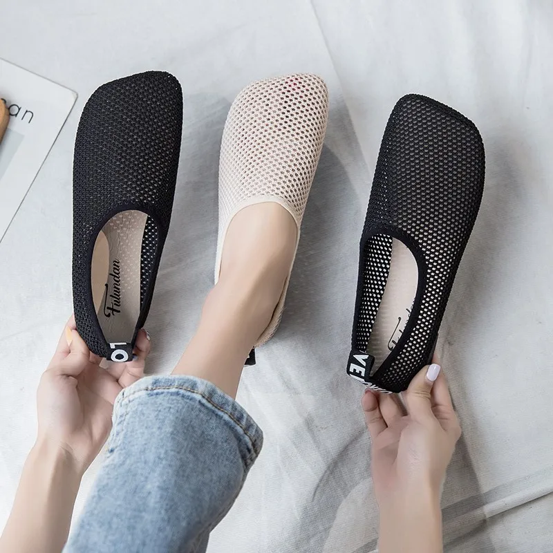 2024 New Women Summer Flats Slip on Fashion Flats Shoes New Fashion Flats Non-slip Black Basic Mesh Cloth Flat Shoes 35-40