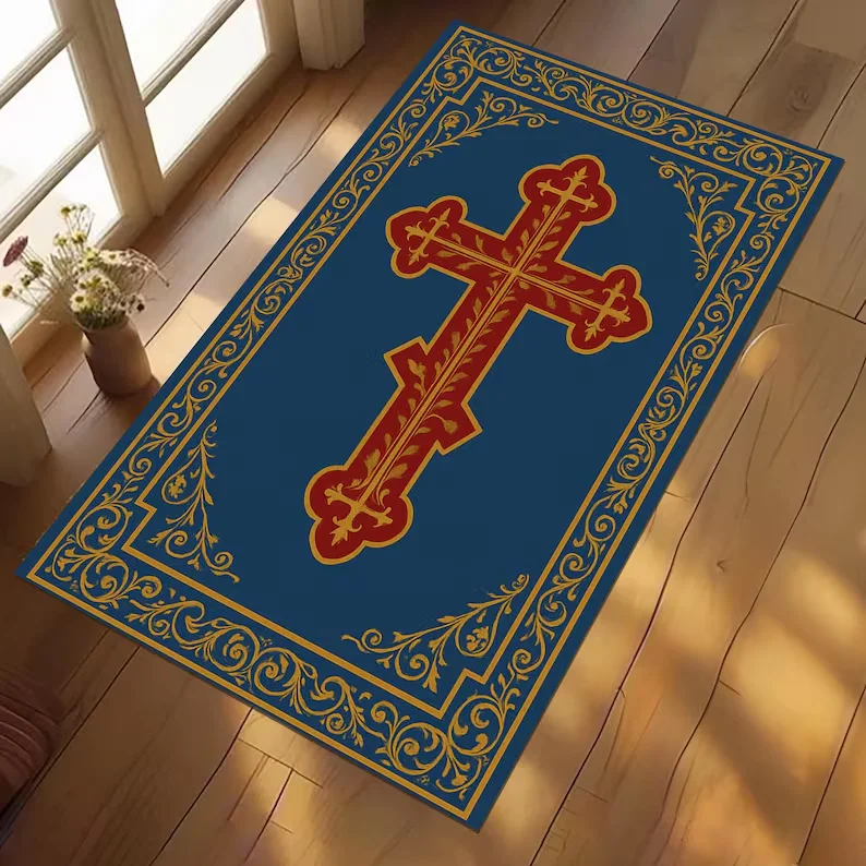 Gothic Black Gold Ornate Cross with Red Floral Prayer Rug, Baroque Christian Home Decor, Non-Slip Religious Mat  Floor Mats