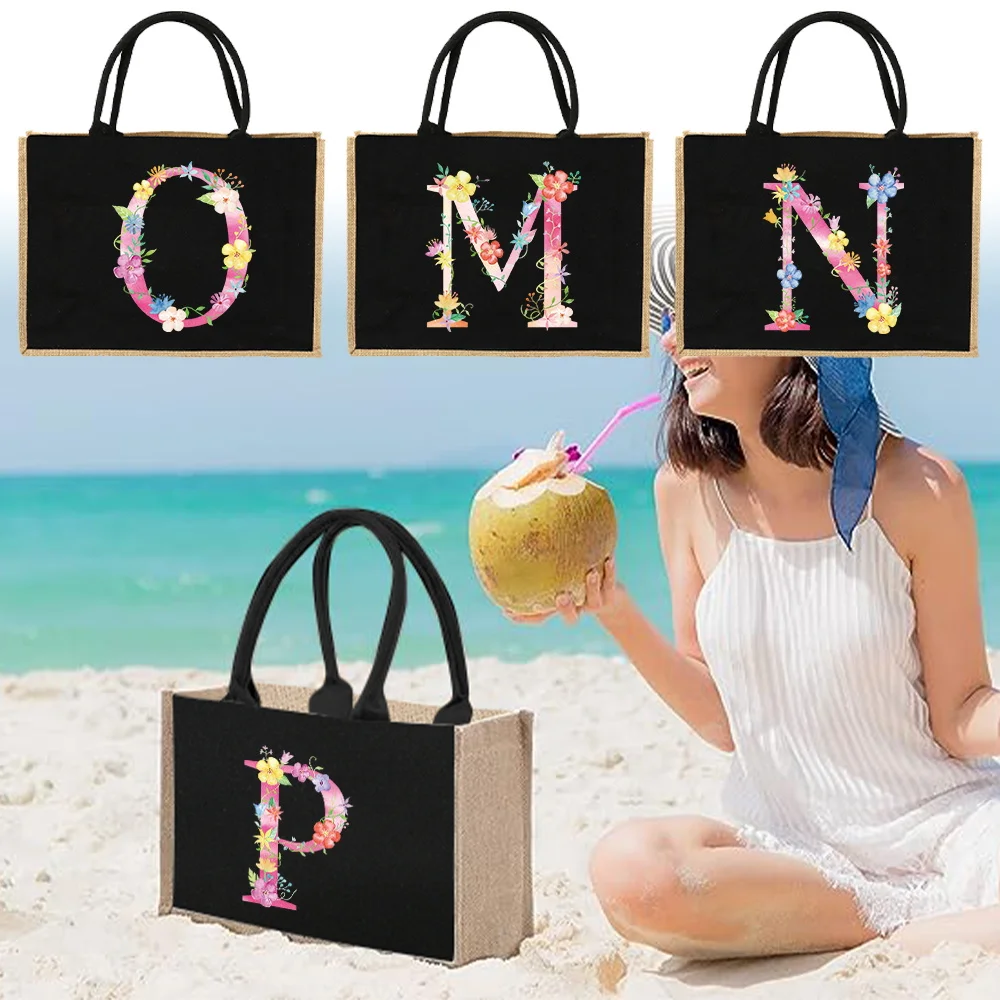 

Сумка-шоппер из джута и льна, женская сумка через плечо, имитация джутовых мешков, с розовыми буквами и цветами, 2026