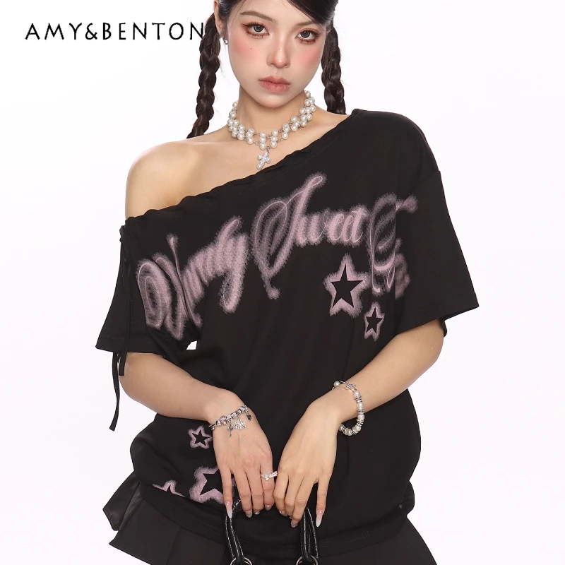 

Винтажный дизайн, женский топ с открытыми плечами и короткими рукавами на бретельках Y2K, новая милая крутая женская футболка с открытыми плечами для девочек