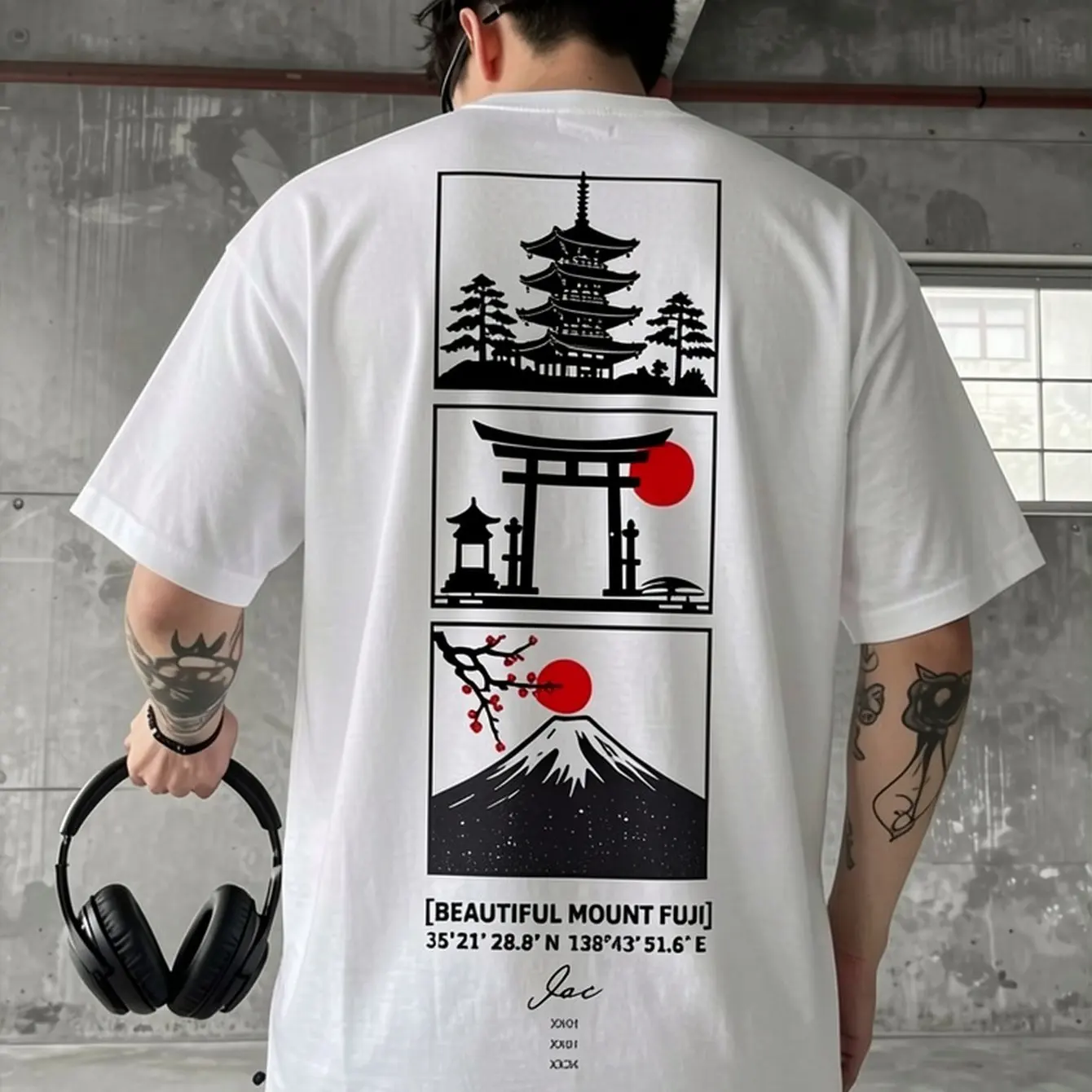 Herren-T-Shirt mit japanischem Fuji-Berg-Grafikdruck, Ukiyo-e-Tempel-Torii, Oversize-Streetwear im koreanischen Stil, 100 % Baumwolle, lässiges T-Shirt – Detail 5