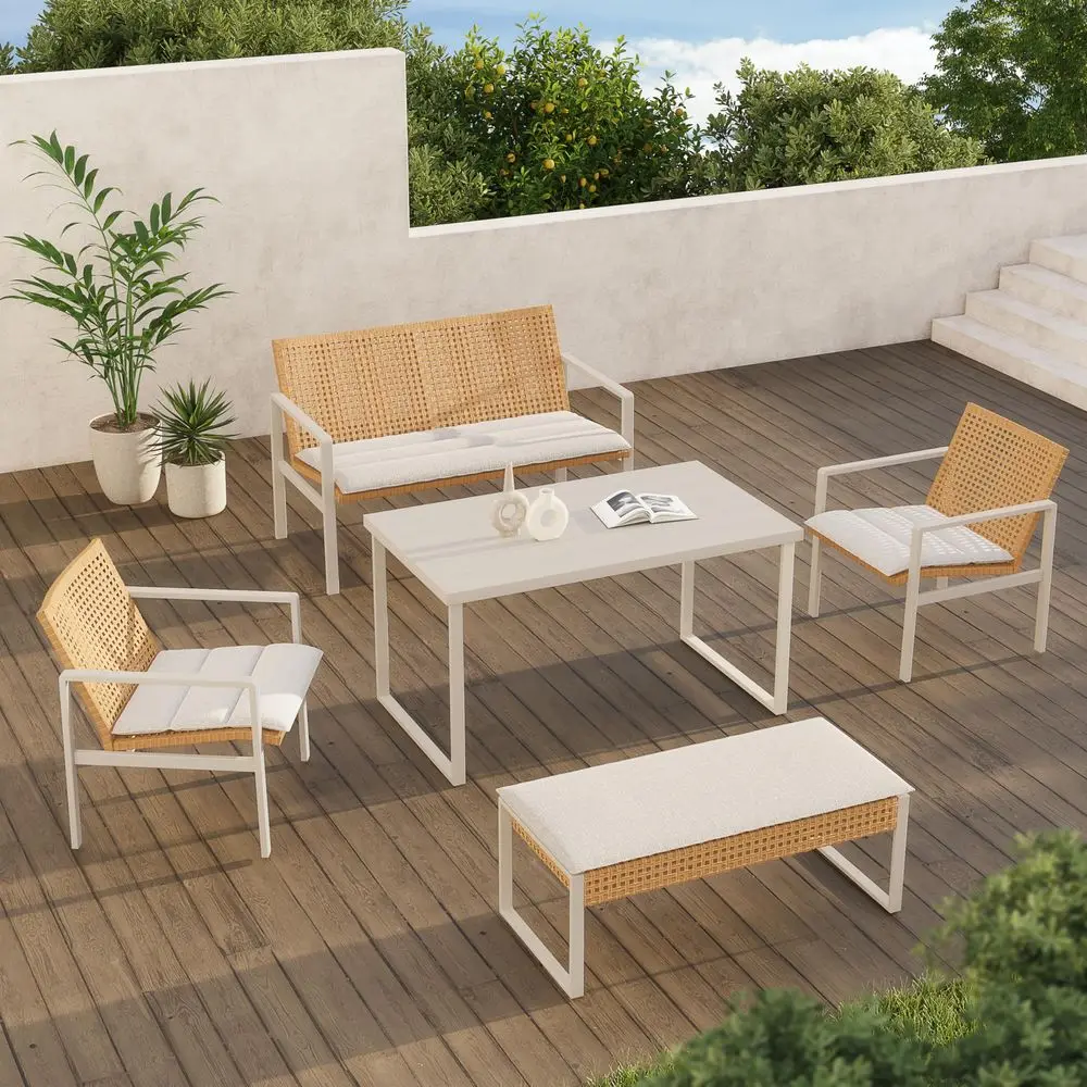 

5piece Outdoor Dining Set, Wicker Patio Dining Table Set for 6 with Seat Cushion, Modern Metal Outdoor Furniture Loveseat Chair