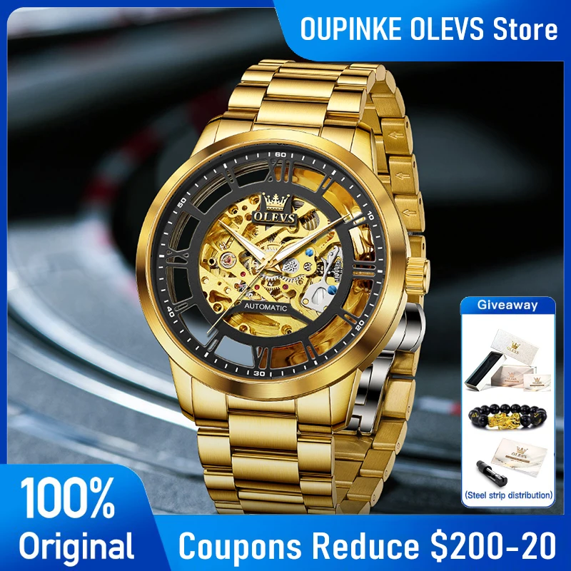 

OLEVS 6728 Mens Watch Original Skeleton Automatic Mechanical Watch Waterproof Luminous Watches For Man Stainless Steel Free Gift