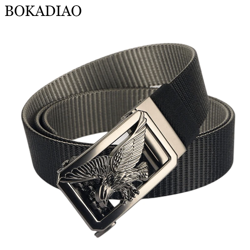 

BOKADIAO Man Double-sided Nylon Belt Eagle Rotate Metal Automatic Buckle Canvas Belts for Men Jeans Waistband Bicolor Male Strap