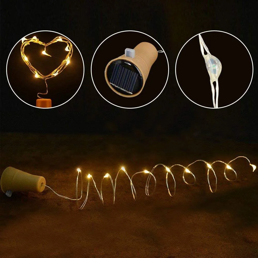 Solar 20LED Wine Bottle Lights Cork Shape Fairy Lights Garland Christmas Light Copper Wire Home Room Decoration Lamp