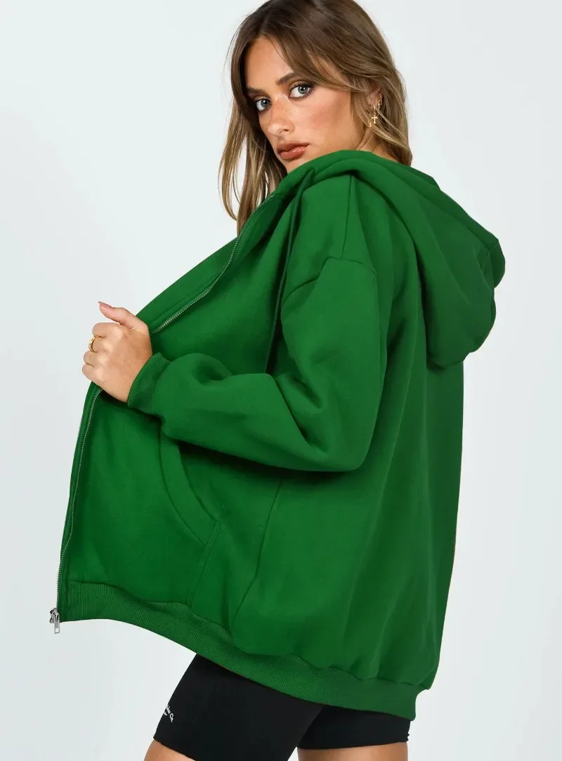 Autumn and Winter Women's Green Long-sleeved Metal Zipper Cardigan Hooded Sweater Coat Loose Oversized Crop Top Short Jacket